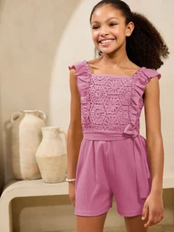 Lipsy Purple Crochet Holiday Shop Playsuit (5-16yrs)