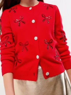 Lipsy Red Bow Christmas Long Sleeve Buttoned Knitted Cardigan (5-16yrs)