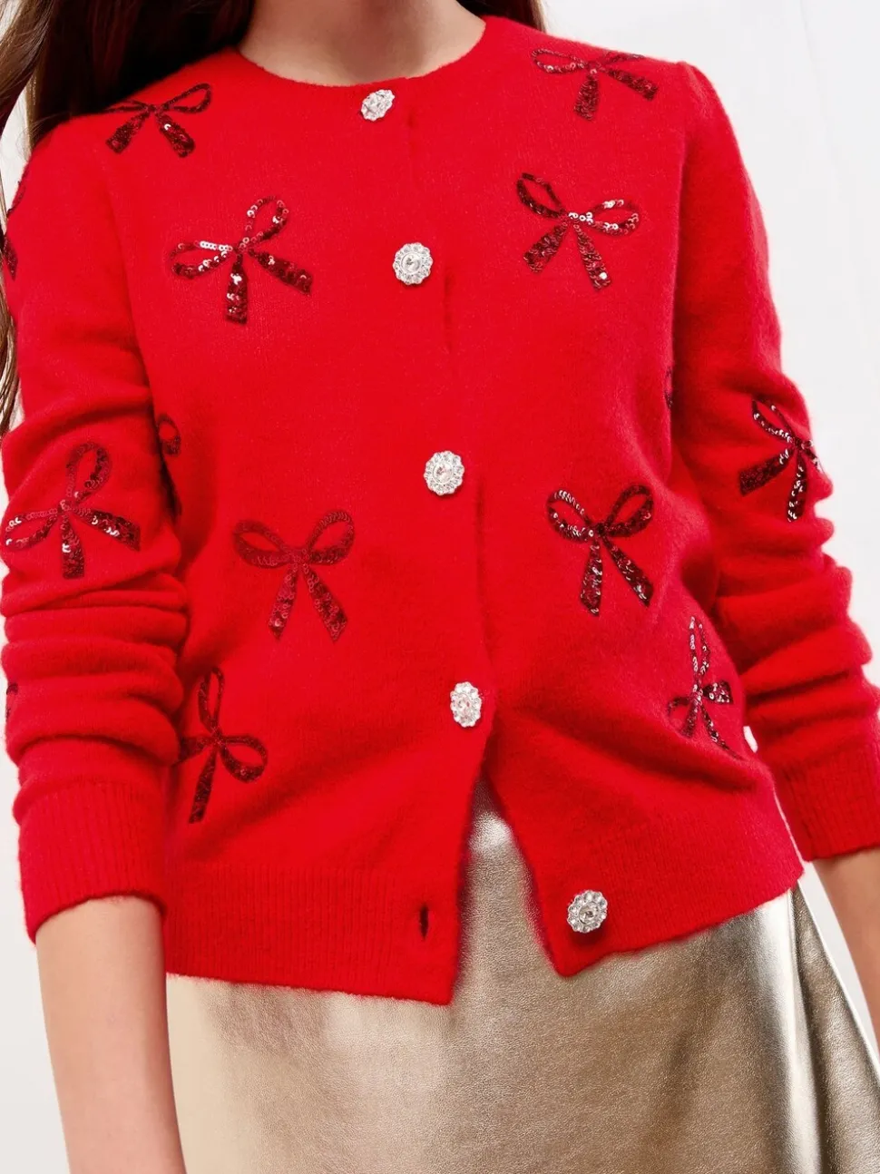 Lipsy Red Bow Christmas Long Sleeve Buttoned Knitted Cardigan (5-16yrs)