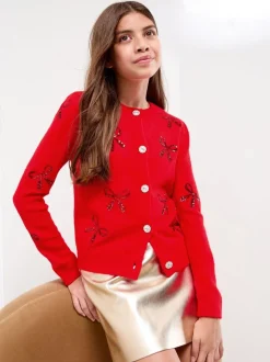 Lipsy Red Bow Christmas Long Sleeve Buttoned Knitted Cardigan (5-16yrs)