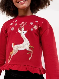 Lipsy Red Reindeer Christmas Crew Neck Jumper (5-16yrs)