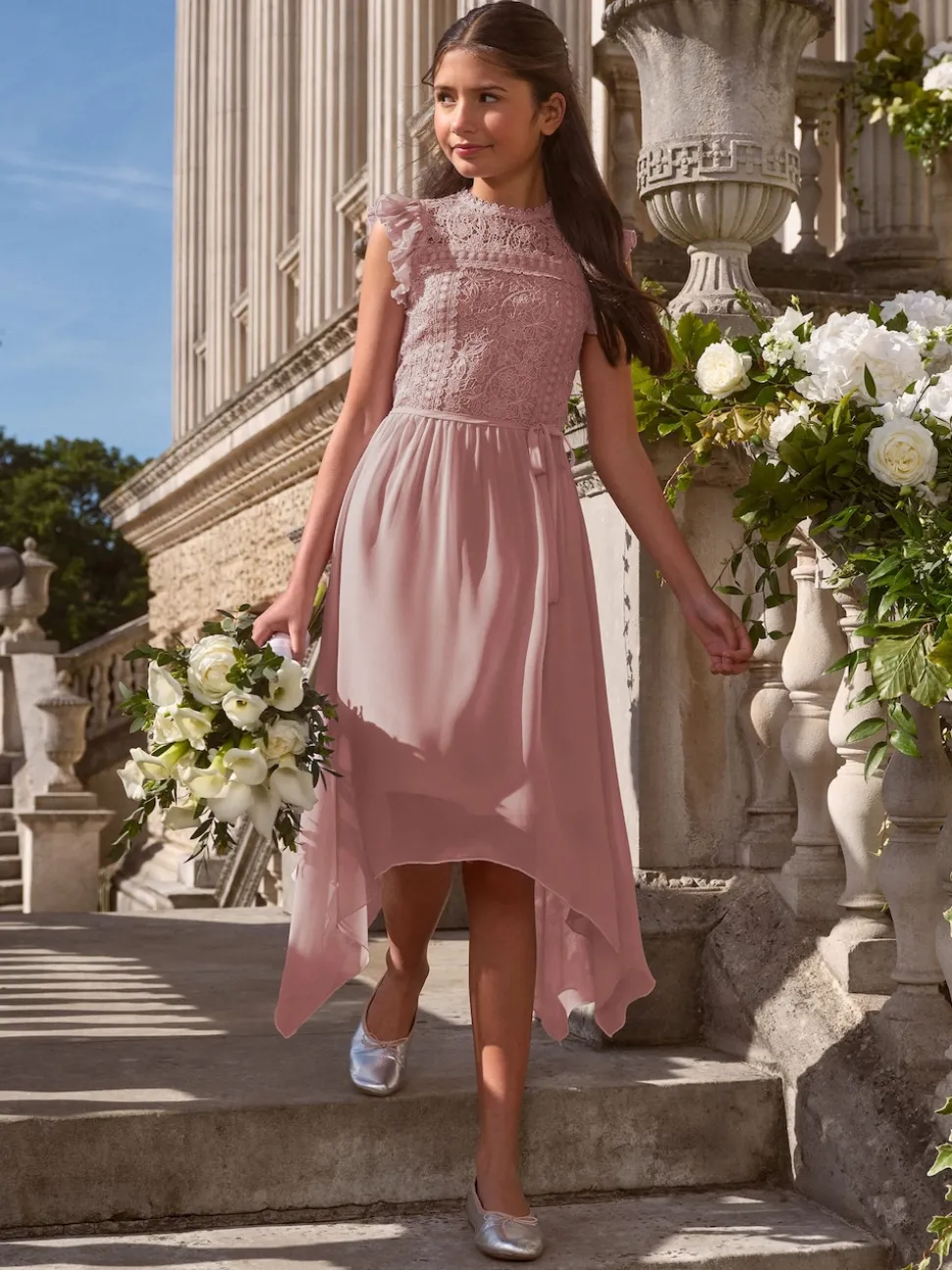 Lipsy Rose Pink Lace Front Flutter Sleeve Occasion Dress (5-16yrs)