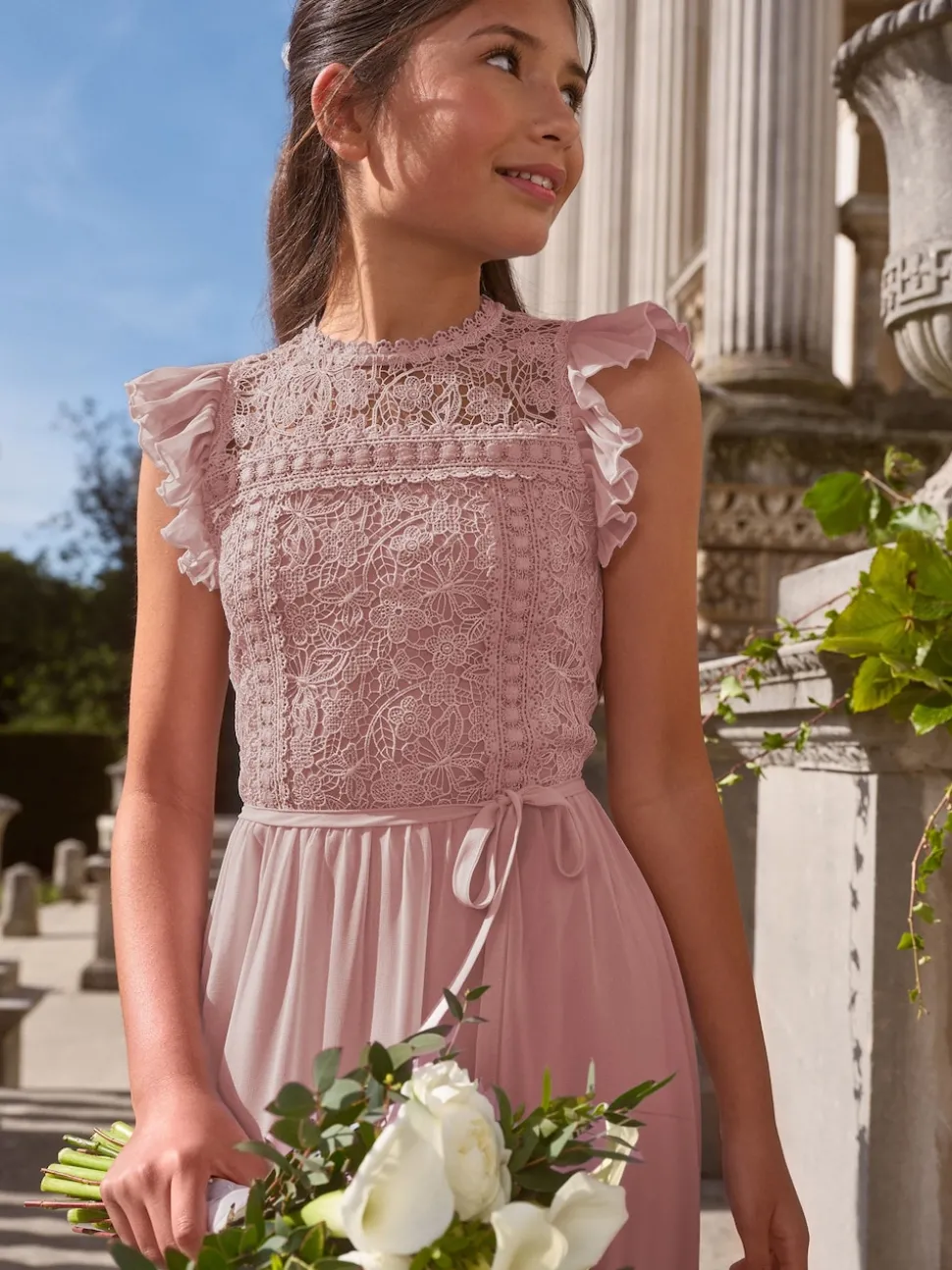 Lipsy Rose Pink Lace Front Flutter Sleeve Occasion Dress (5-16yrs)