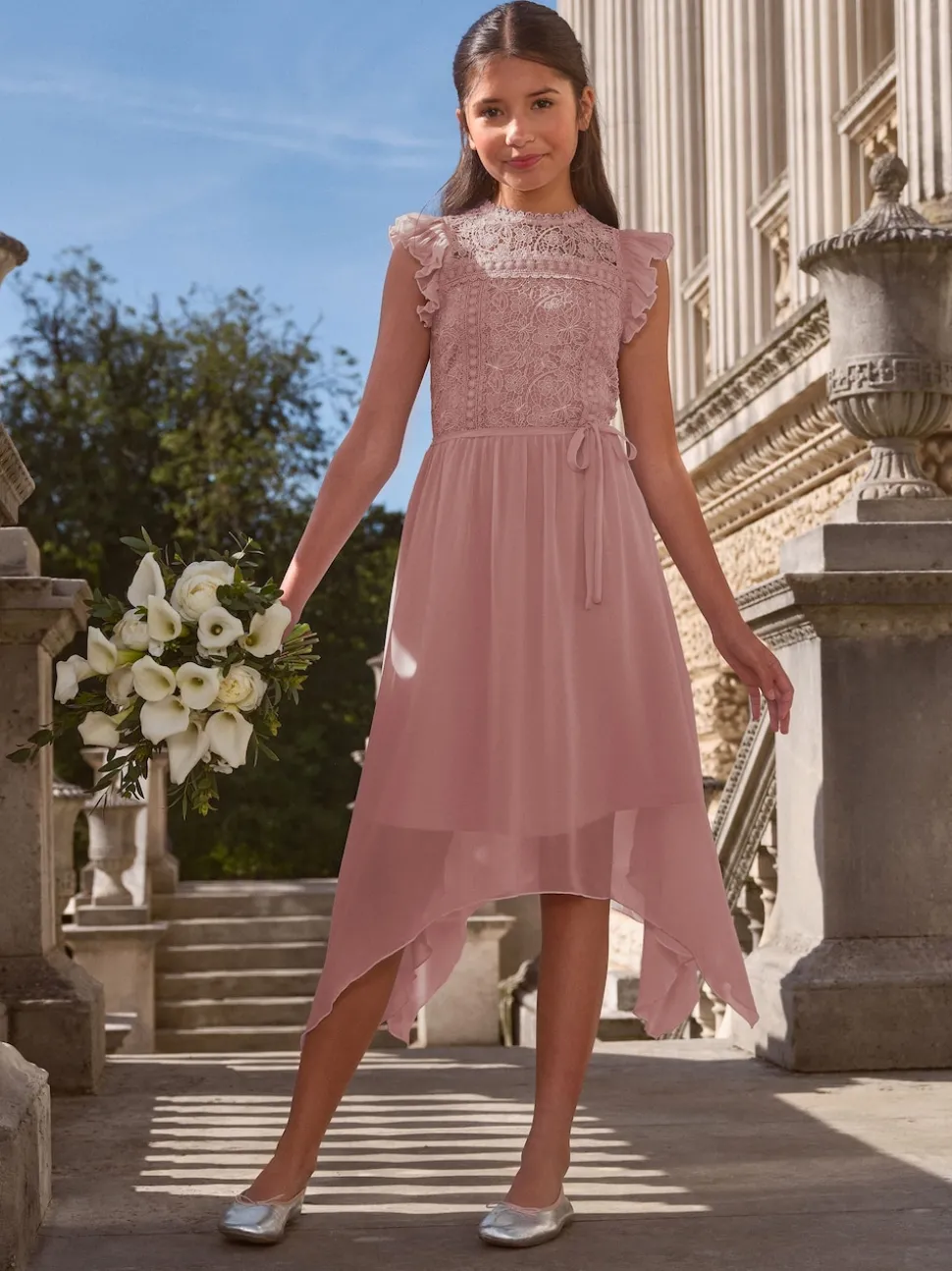 Lipsy Rose Pink Lace Front Flutter Sleeve Occasion Dress (5-16yrs)
