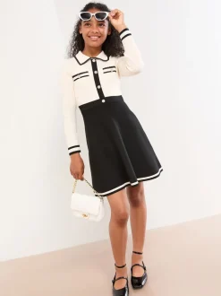 Lipsy White/Black Long Sleeve Knitted Shirt Dress (5-16yrs)