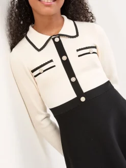 Lipsy White/Black Long Sleeve Knitted Shirt Dress (5-16yrs)