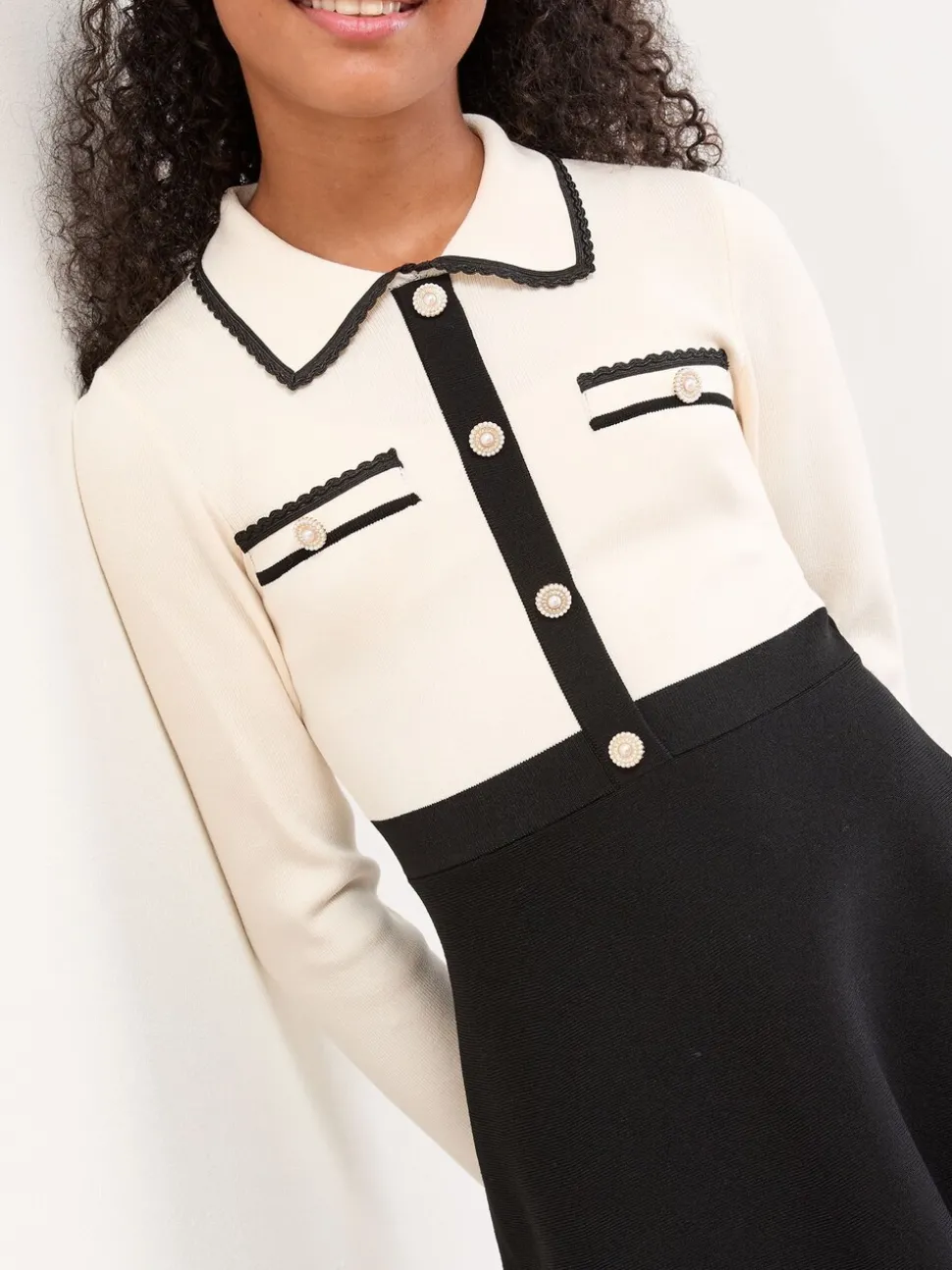 Lipsy White/Black Long Sleeve Knitted Shirt Dress (5-16yrs)
