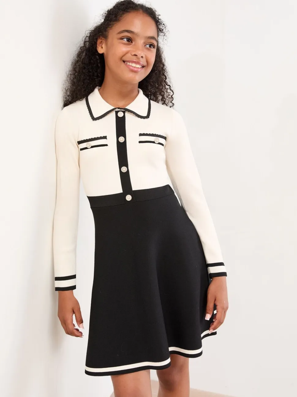 Lipsy White/Black Long Sleeve Knitted Shirt Dress (5-16yrs)