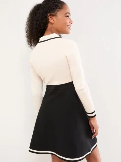 Lipsy White/Black Long Sleeve Knitted Shirt Dress (5-16yrs)