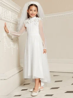 Lipsy White Holy Communion Long Sleeve Mesh Corsage Occasion Dress (7-11yrs)