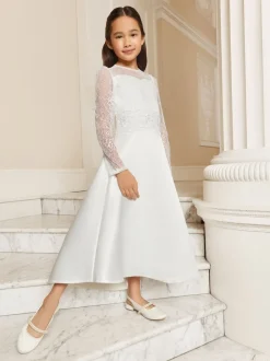 Lipsy White Holy Communion Long Sleeve Lace Satin Occasion Dress (7-11yrs)