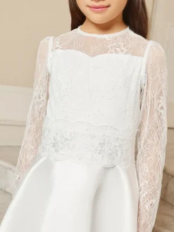 Lipsy White Holy Communion Long Sleeve Lace Satin Occasion Dress (7-11yrs)
