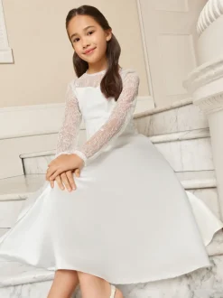 Lipsy White Holy Communion Long Sleeve Lace Satin Occasion Dress (7-11yrs)