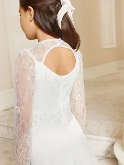 Lipsy White Holy Communion Long Sleeve Lace Satin Occasion Dress (7-11yrs)