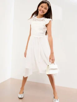 Lipsy White Lace Front Flutter Sleeve Occasion Dress (5-16yrs)