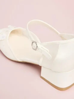 Lipsy White Sequin Floral Mesh Occasion Flower Girl Block Heeled Sandals