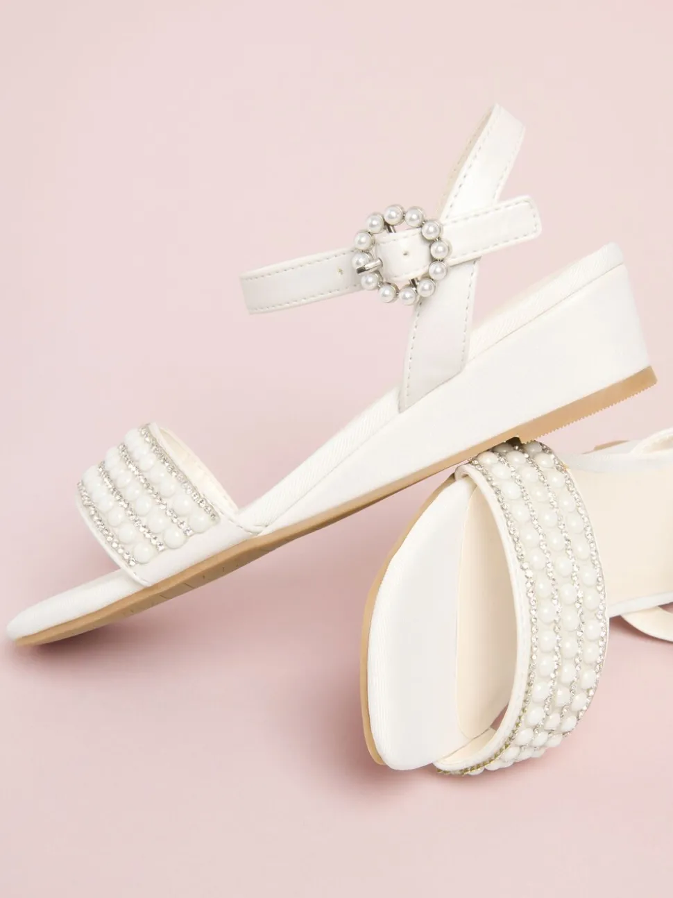 Lipsy White Shimmer Pearl Occasion Flower Mini Wedge Sandals