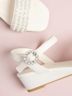 Lipsy White Shimmer Pearl Occasion Flower Mini Wedge Sandals