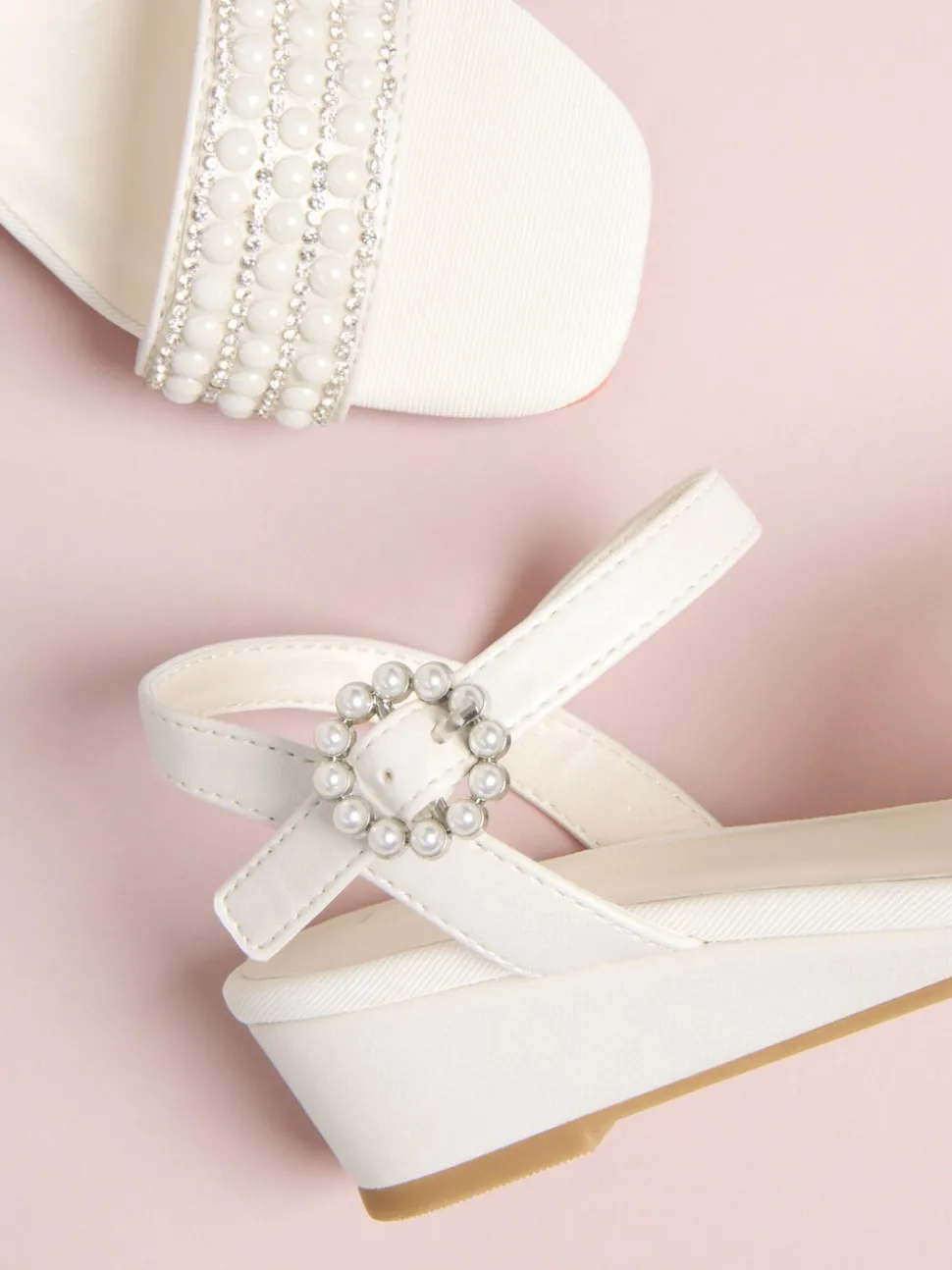 Lipsy White Shimmer Pearl Occasion Flower Mini Wedge Sandals