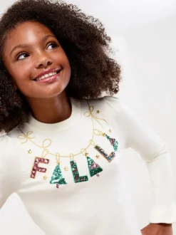 Lipsy White Slogan Christmas Crew Neck Fine Gauge Knitted Jumper (5-16yrs)