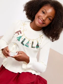Lipsy White Slogan Christmas Crew Neck Fine Gauge Knitted Jumper (5-16yrs)