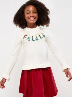 Lipsy White Slogan Christmas Crew Neck Fine Gauge Knitted Jumper (5-16yrs)