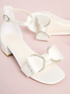 Lipsy White Standard Fit (F) Embellished Bow Occasion Flower Girl Block Heeled Sandals