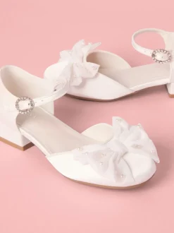 Lipsy White Standard Fit (F) Low Block Heel Pearl Bow Occasion Flower Heeled Sandals