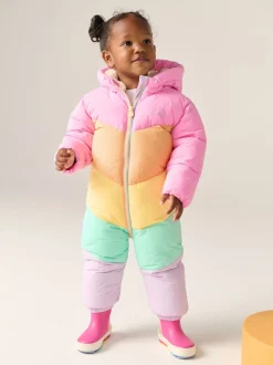 Little Bird by Jools Oliver Pink Pastel Rainbow Colourblock Shower Resistant Snowsuit