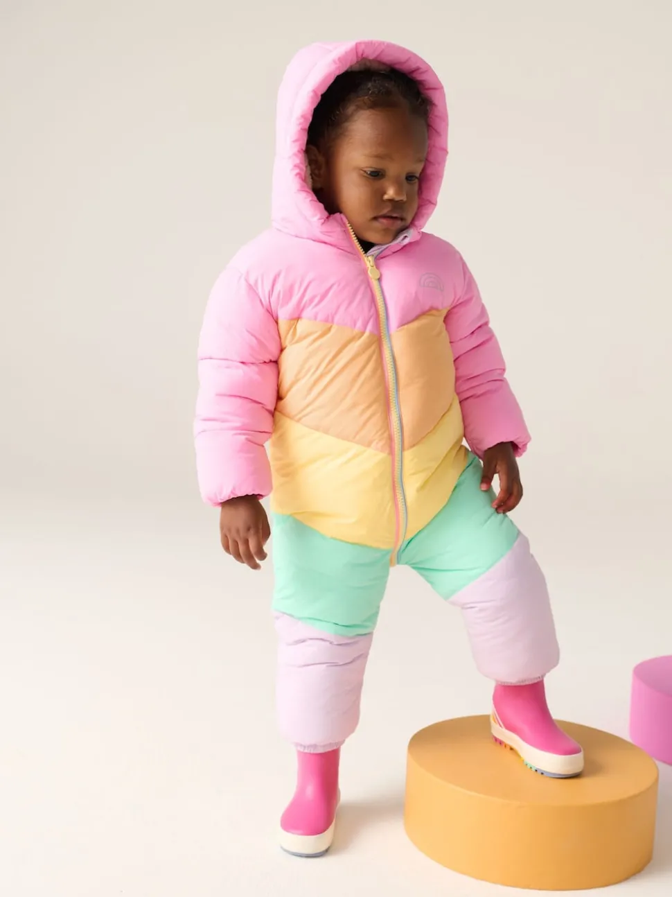 Little Bird by Jools Oliver Pink Pastel Rainbow Colourblock Shower Resistant Snowsuit