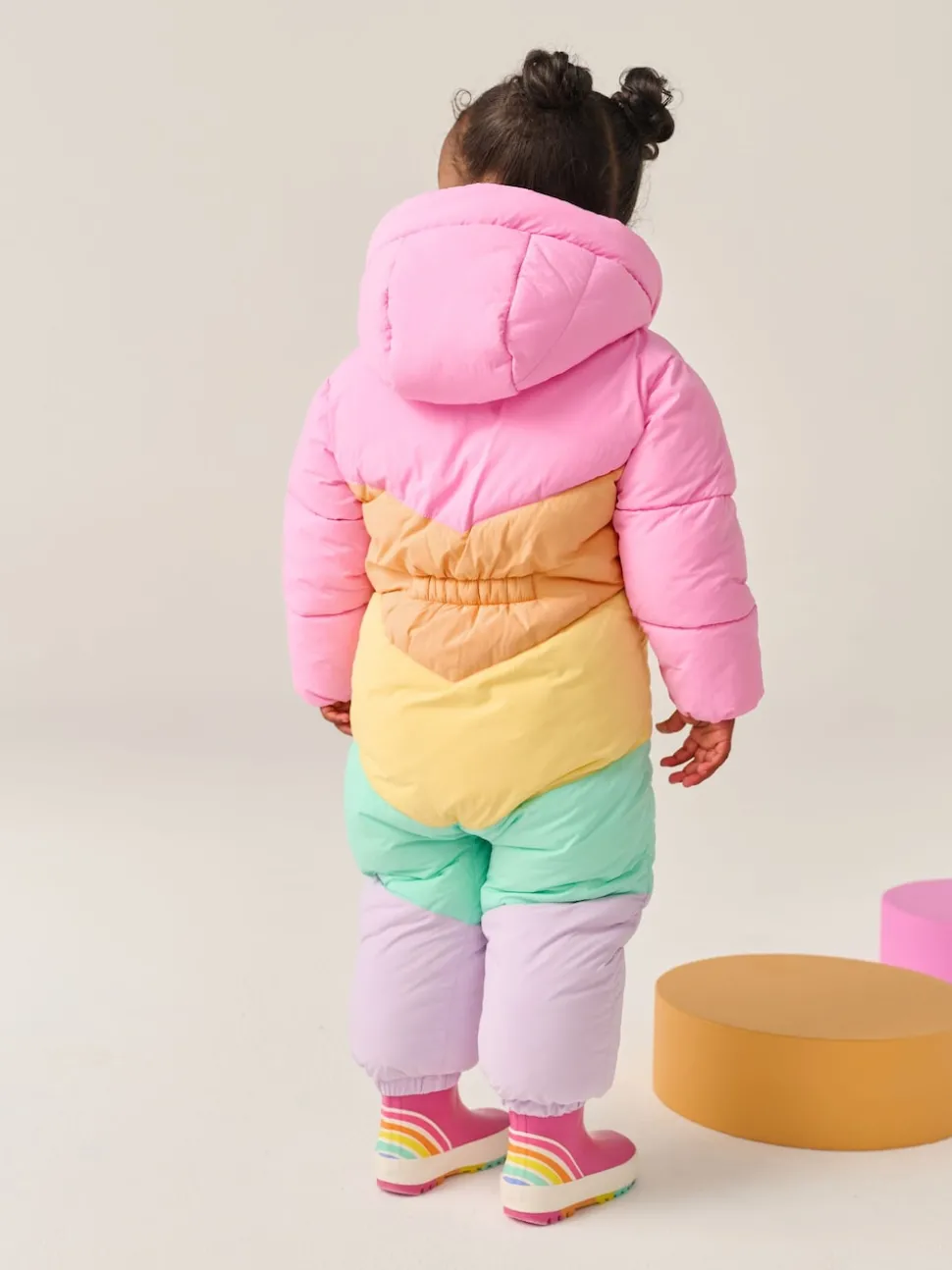 Little Bird by Jools Oliver Pink Pastel Rainbow Colourblock Shower Resistant Snowsuit