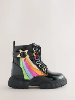 Little Bird by Jools Oliver Black Rainbow Chunky Lace Up Boots