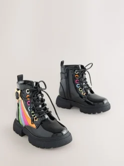Little Bird by Jools Oliver Black Rainbow Chunky Lace Up Boots