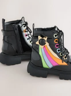 Little Bird by Jools Oliver Black Rainbow Chunky Lace Up Boots