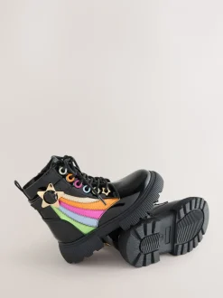 Little Bird by Jools Oliver Black Rainbow Chunky Lace Up Boots