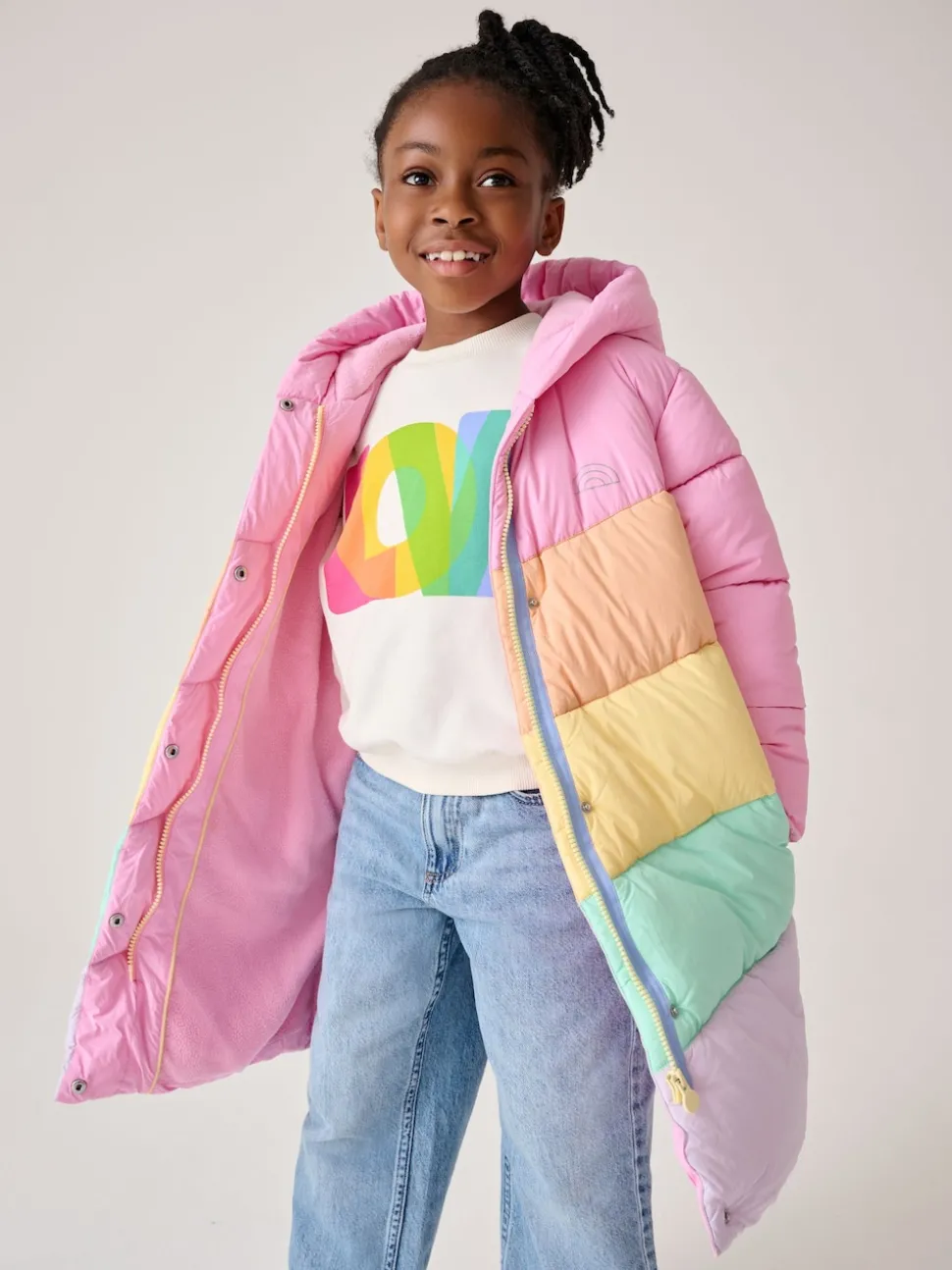 Little Bird by Jools Oliver Multi Shower Resistant Pastel Rainbow Longline Padded Coat