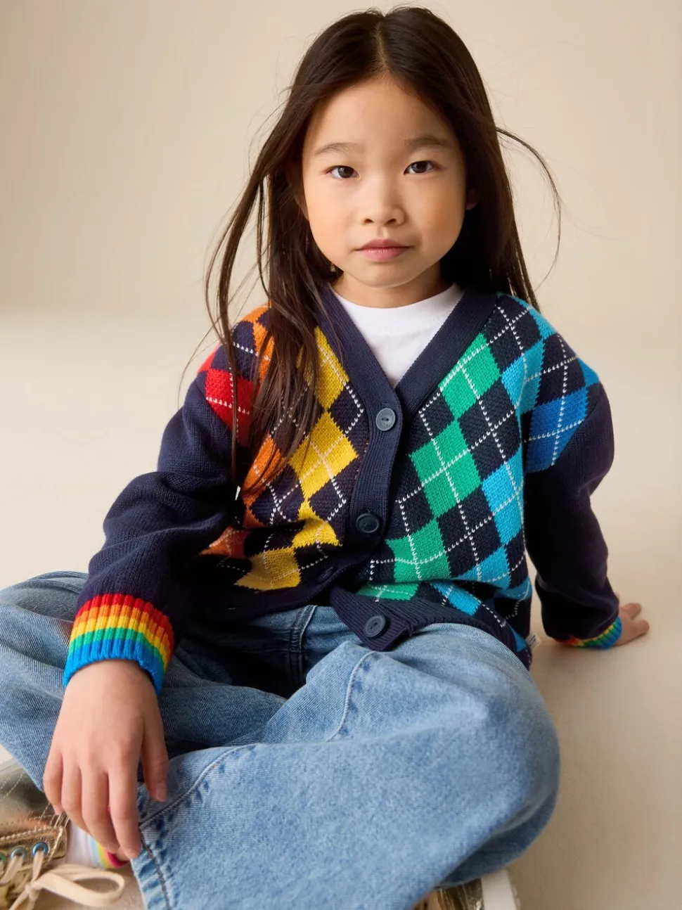 Little Bird by Jools Oliver Navy Rainbow Arygle Cardigan