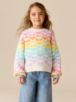 Little Bird by Jools Oliver Pastel Rainbow Hearts Knitted Colourblock Jumper