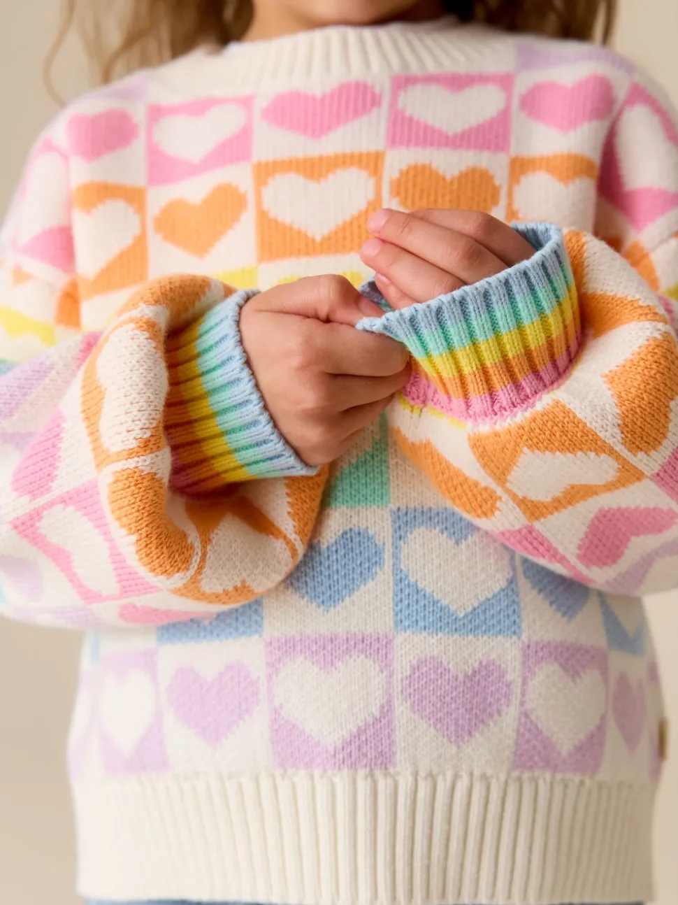 Little Bird by Jools Oliver Pastel Rainbow Hearts Knitted Colourblock Jumper