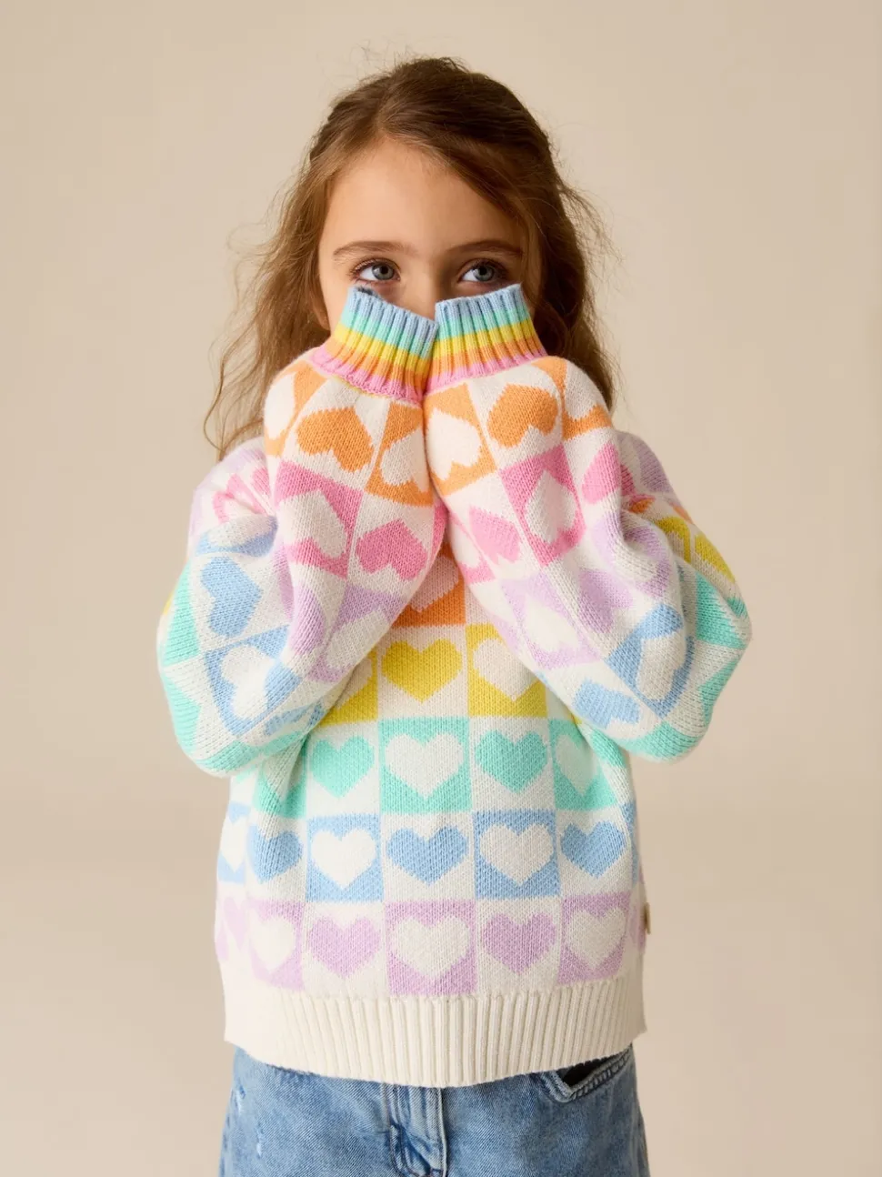 Little Bird by Jools Oliver Pastel Rainbow Hearts Knitted Colourblock Jumper