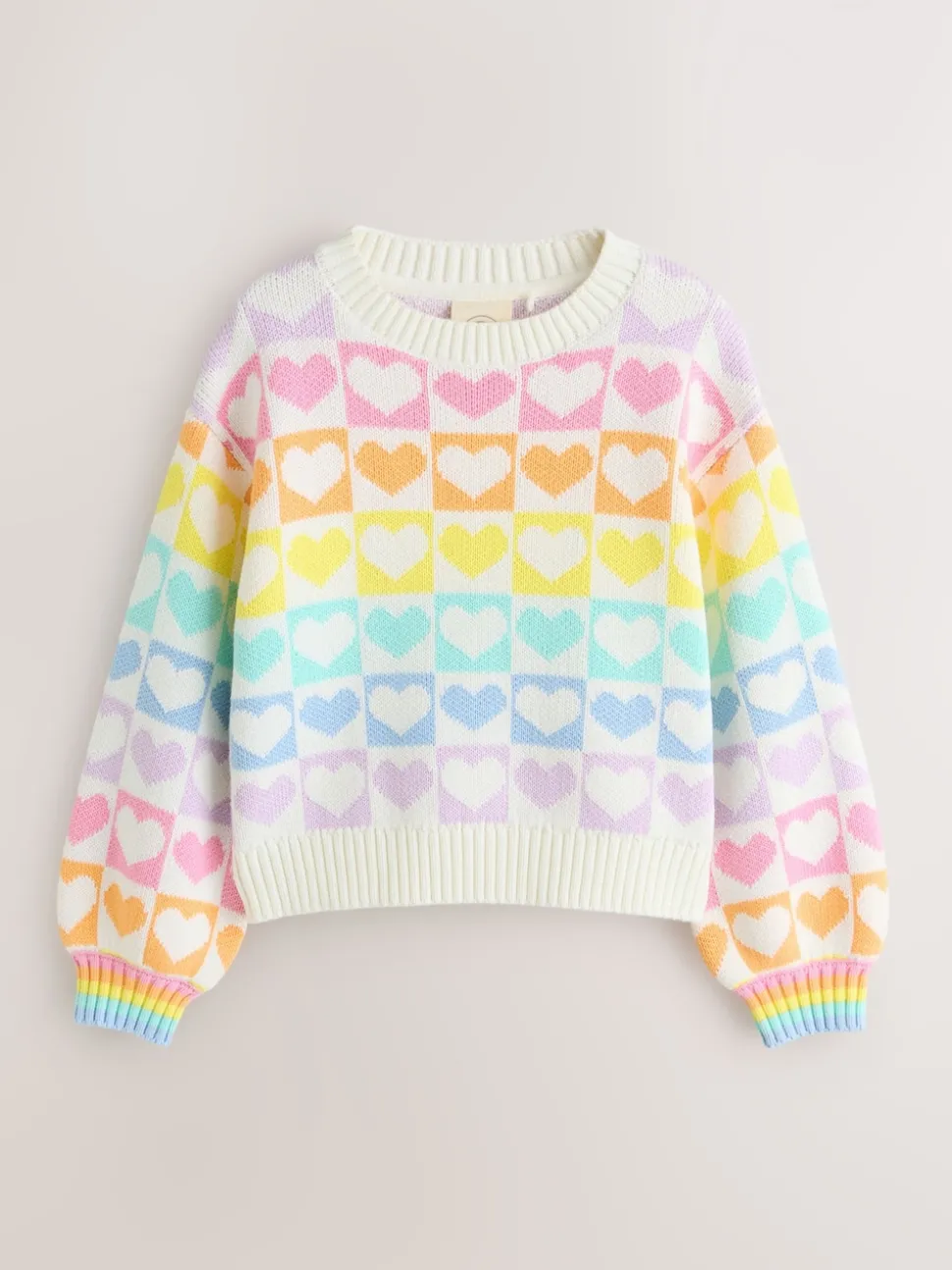 Little Bird by Jools Oliver Pastel Rainbow Hearts Knitted Colourblock Jumper
