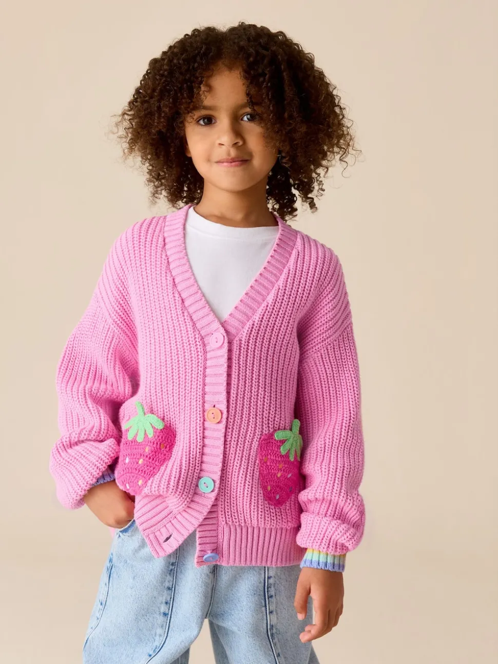 Little Bird by Jools Oliver Pink Knitted V-Neck Strawberry Cardigan
