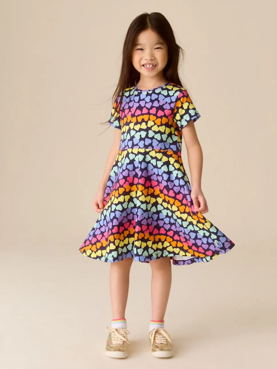 Little Bird by Jools Oliver Rainbow Hearts Short Sleeve Jersey Skater Dress