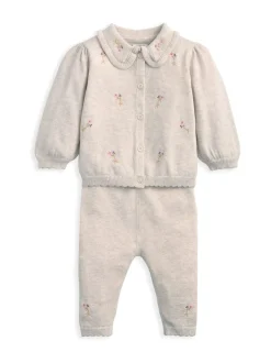 Mamas & Papas Brown Embroidered Knit Cardigan & Leggings Set with Scallop Detail