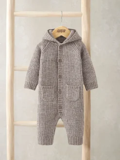 Mamas & Papas Brown Ribbed Knitted Romper with 3D Bear Ears
