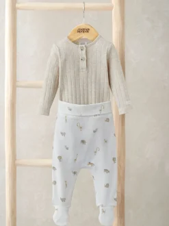 Mamas & Papas Cream 100% Cotton Rib Bodysuit and Safari Print Leggings Set
