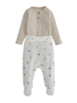 Mamas & Papas Cream 100% Cotton Rib Bodysuit and Safari Print Leggings Set