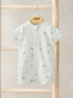 Mamas & Papas Cream 100% Cotton Safari Print Zip Shortie Romper
