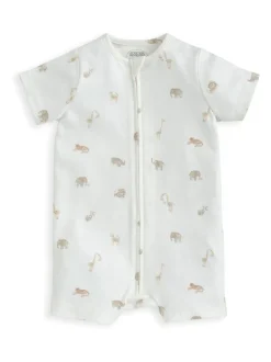 Mamas & Papas Cream 100% Cotton Safari Print Zip Shortie Romper