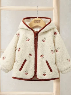 Mamas & Papas Cream Embroidered Hooded Borg Jacket
